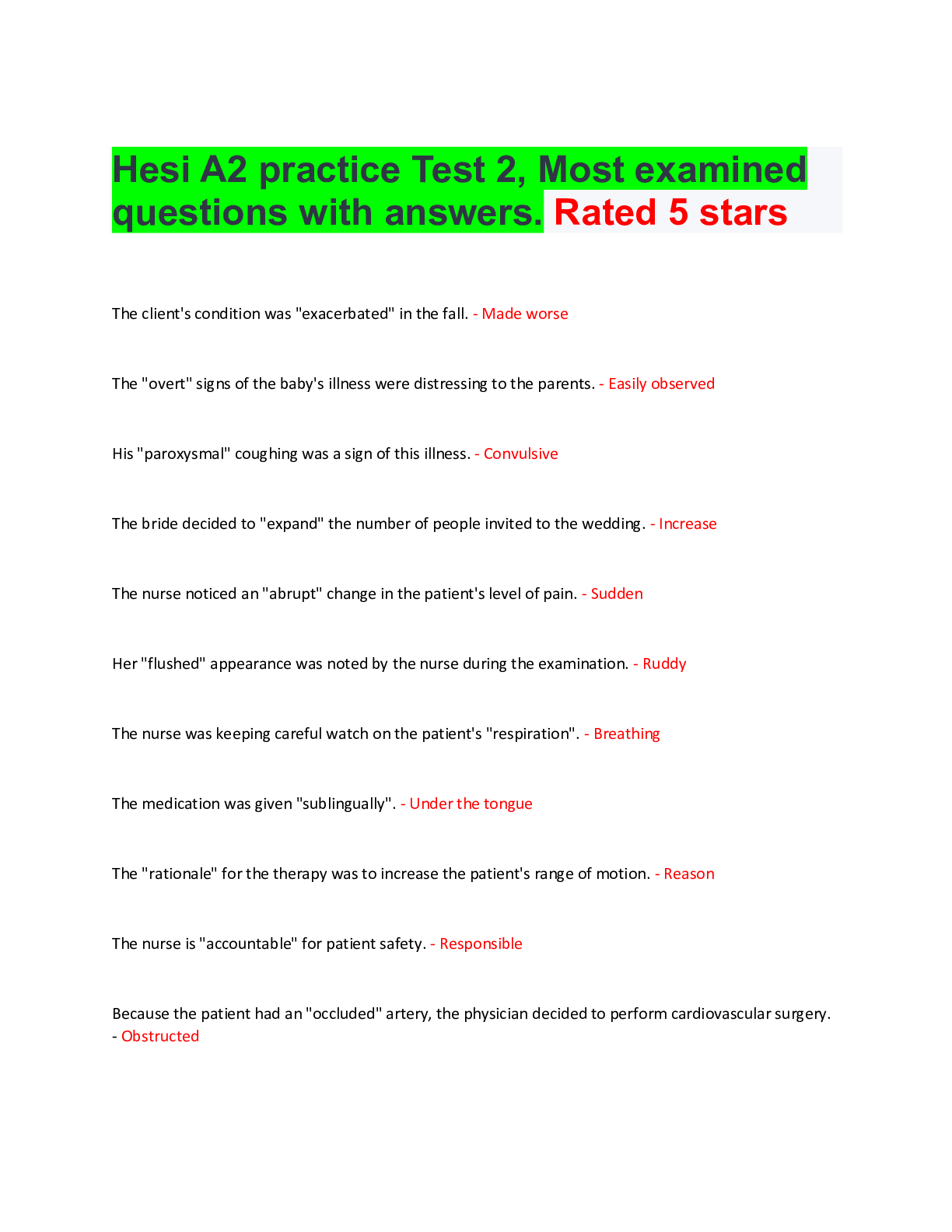 Preview of Hesi A2 practice Test 2, Most examined questions with answers. Rated 5 stars